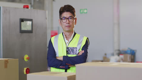 Portrait-of-asian-male-worker-wearing-safety-suit-and-smiling-in-warehouse