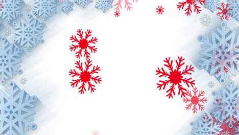 Multiple-red-snowflakes-icons-falling-against-blue-snowflakes-frame-eon-white-background