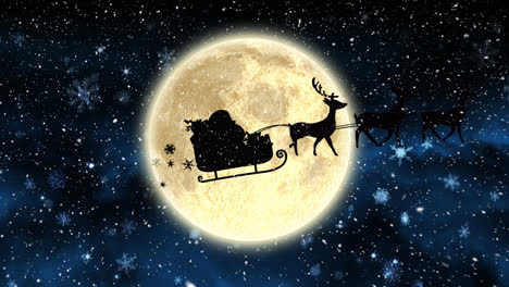 Weihnachtsmann-Im-Schlitten,-Der-Von-Rentieren-Gezogen-Wird,-Vor-Leuchtenden-Sternen-Und-Einem-Mond-Am-Nachthimmel