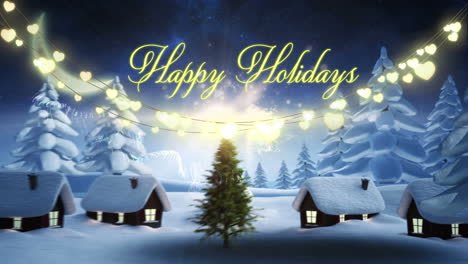 Animation-of-happy-holidays,-christmas-lights-and-houses-in-night-winter-landscape