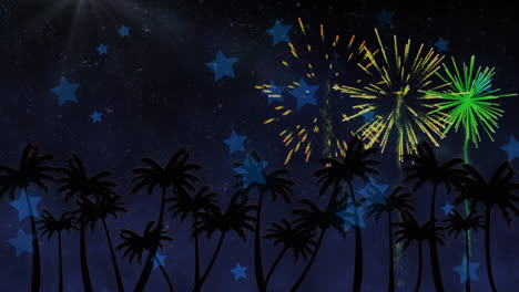 Animation-of-colourful-fireworks-exploding-over-palm-trees-on-new-year's-eve