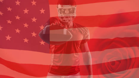 Animation-of-american-football-player-over-usa-flag-and-rose