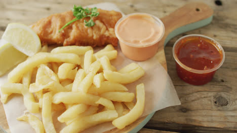 Video-of-fish-and-chips-on-wooden-board-with-dips,-on-wooden-table