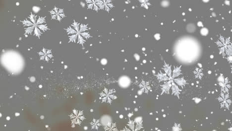 Digitale-Animation-Von-Schneeflocken,-Die-Vor-Weißen-Flecken-Auf-Grauem-Hintergrund-Fallen