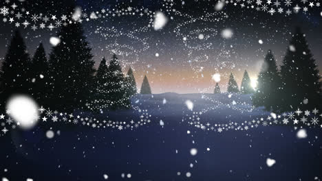 Nieve-Cayendo-Sobre-Estrellas-Formando-árbol-De-Navidad-Contra-El-Paisaje-Invernal