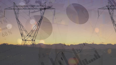 Animation-of-financial-data-over-electricity-poles-at-sunset