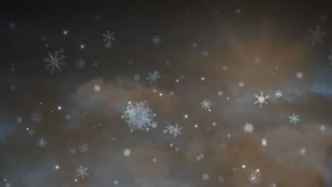 Animación-De-Nieve-Cayendo-Sobre-Las-Nubes-Y-El-Sol-De-Fondo.