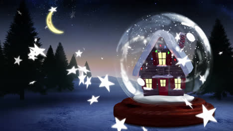 Animation-Von-Fallendem-Schnee-Und-Weihnachtlicher-Schneekugel-über-Einer-Winterlandschaft
