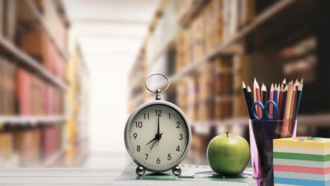 Animation-of-school-items-and-clock-with-books-in-row-in-background