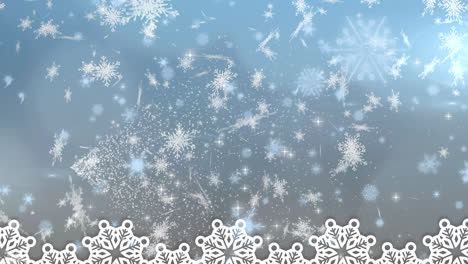 Digital-animation-of-snowflakes-falling-against-spot-of-light-on-blue-background