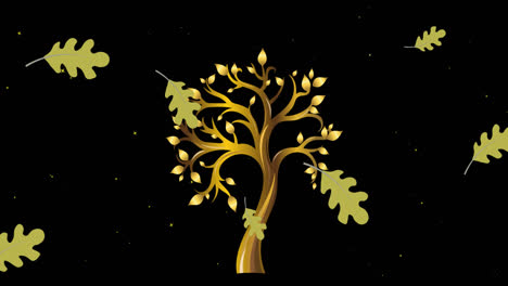Animation-Von-Herbstblättern,-Die-über-Einen-Baum-Fallen-Und-Fallendem-Schnee