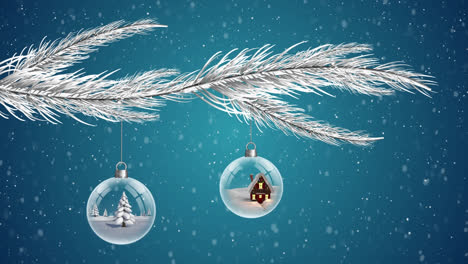 Animation-of-christmas-baubles-on-christmas-tree-over-snow-falling-on-blue-background