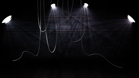 Animation-of-white-spotlights-and-hanging-cables-over-dark-wooden-boards-on-black-background