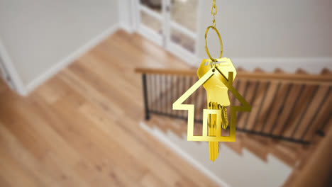 Animation-of-gold-key-and-house-key-ring-over-blurred-house-interior