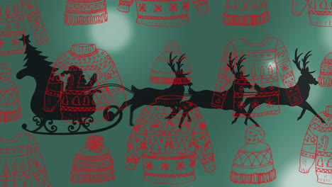 Animation-of-red-christmas-sweatshirts-and-hats-over-santa-claus-in-sleigh-with-reindeer