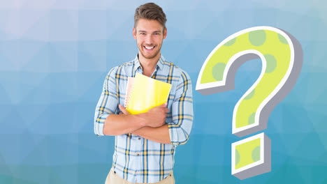 Animation-of-green-spotted-question-mark-over-smiling-caucasian-man-holding-books,-on-blue
