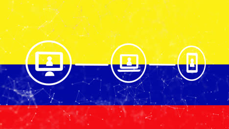 Animation-Von-Symbolen-Und-Verbindungsnetzwerk-über-Der-Flagge-Kolumbiens