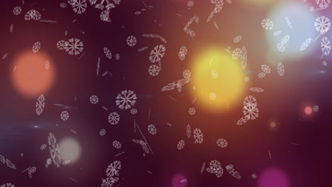 Digitale-Animation-Von-Schneeflocken,-Die-Vor-Bunten-Lichtpunkten-Auf-Violettem-Hintergrund-Fallen