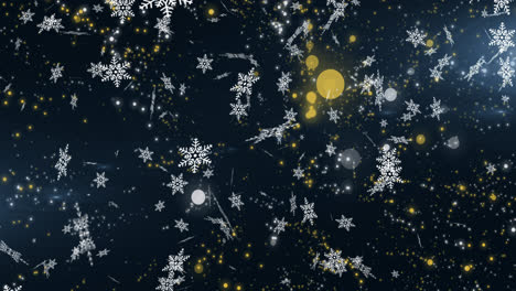 Animation-Von-Lichtpunkten-Und-Schneeflocken,-Die-Auf-Blauem-Hintergrund-Vor-Dem-Kopierraum-Fallen