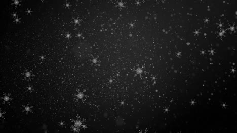 Digital-animation-of-snowflakes-and-white-particles-falling-against-black-background