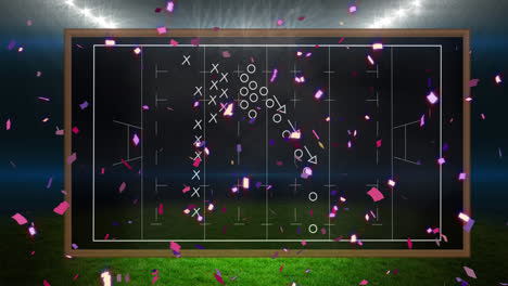 Confetti-falling-over-soccer-field-layout-against-sports-stadium-in-background
