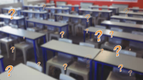 Animation-of-orange-question-marks-over-chairs-and-desks-in-empty-school-classroom
