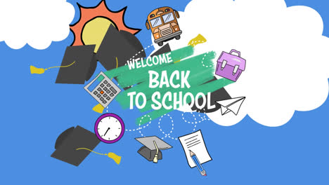 Animation-of-back-to-school-and-school-items-over-blue-background-with-clouds-and-sun