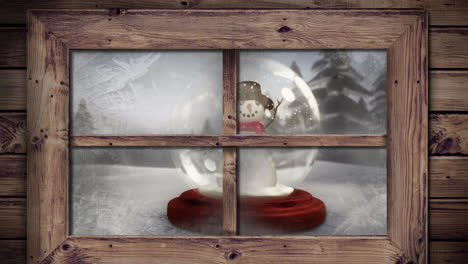 Animation-of-snow-falling-over-snow-globe-with-snowman-in-winter-scenery-seen-through-window