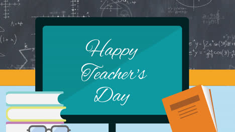 Animation-of-happy-teacher's-day-text-over-school-icons-on-green-background