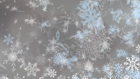 Digitale-Animation-Mehrerer-Schneeflocken-Symbole,-Die-Vor-Grauem-Hintergrund-Fallen