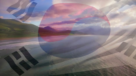 Animation-of-flag-of-korea-blowing-over-seascape