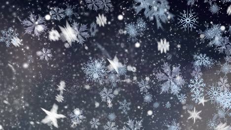 Digital-animation-of-snowflakes-falling-against-white-spots-on-blue-background