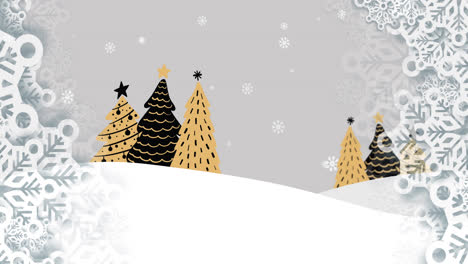 Snowflakes-forming-a-frame-over-winter-landscape-against-multiple-christmas-tree-icons