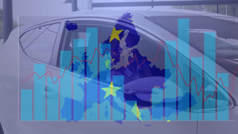 Animation-Von-Europa-Und-Der-EU-Flagge-über-Einer-Kaukasischen-Frau,-Die-Ins-Auto-Steigt,-Und-Datenverarbeitung