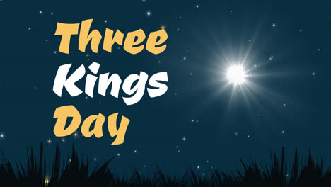 Animation-of-three-kings-day-text-over-shooting-star-and-fir-trees-at-night