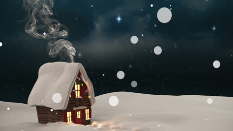 Animation-of-snow-falling-in-night-winter-landscape-and-house