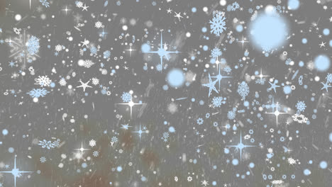 Digital-animation-of-snow-falling-against-multiple-snowflakes-and-stars-icons-on-grey-background