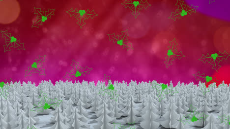 Mistletoe-icons-over-multiple-trees-on-winter-landscape-against-spots-of-light-on-pink-background