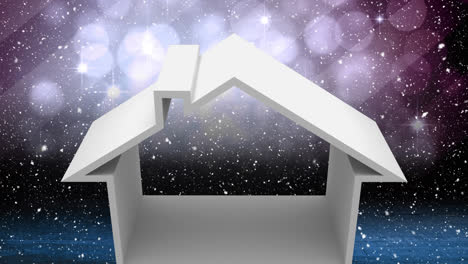 Animation-of-snow-falling-over-house-shape-and-christmas-lights-pattern