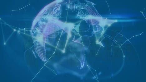 Animation-of-globe-of-network-of-connections-over-3d-cityscape-spinning-on-blue-background