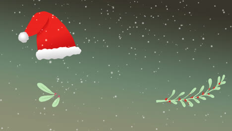 Animation-of-christmas-santa-hat-over-decorations-and-snow-falling