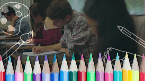 Animation-Von-Buntstiften-Und-Schulsymbolen-über-Verschiedenen-Schulkindern
