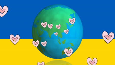 Animation-of-hearts-and-globe-over-flag-of-ukraine