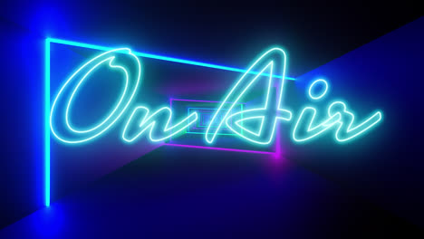Animation-of-on-air-text-in-blue-neon-with-colourful-neon-light-beams-moving-on-black-background