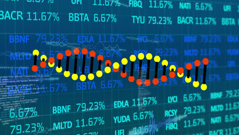 Animation-of-dna-strand-and-data-processing-on-blue-background
