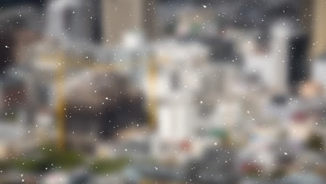 Schneepartikel-Fallen-über-Die-Verschwommene-Sicht-Auf-Die-Stadtlandschaft-Im-Hintergrund