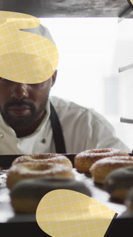 Animación-De-íconos-De-Guantes-De-Horno-Sobre-Panadero-Afroamericano-Preparando-Donas