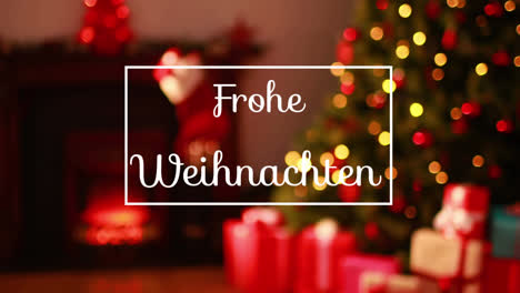 Animation-of-frohe-weihnachten-greeting-text-in-frame-over-christmas-tree-and-presents