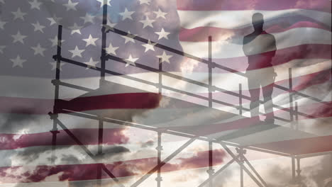 Animation-of-worker-in-construction-site-and-scaffolding-with-american-flag