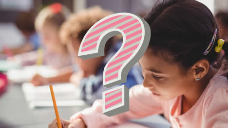 Animation-of-pink-question-mark-over-caucasian-schoolgirl-writing-at-desk-in-classroom